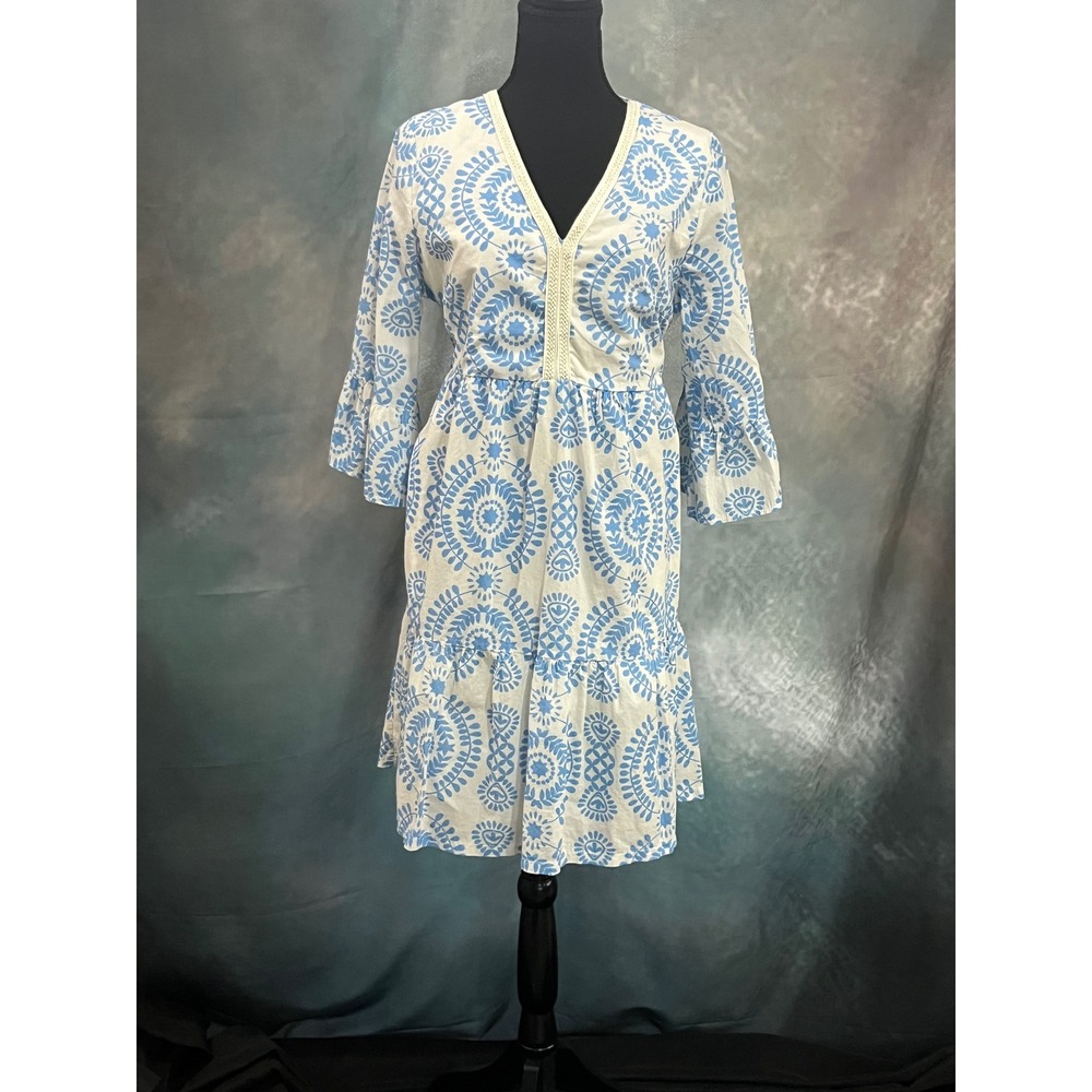 Saiph Lab Santorini‎ Blue White Medallion Cotton Tiered V-Neck Dress XL